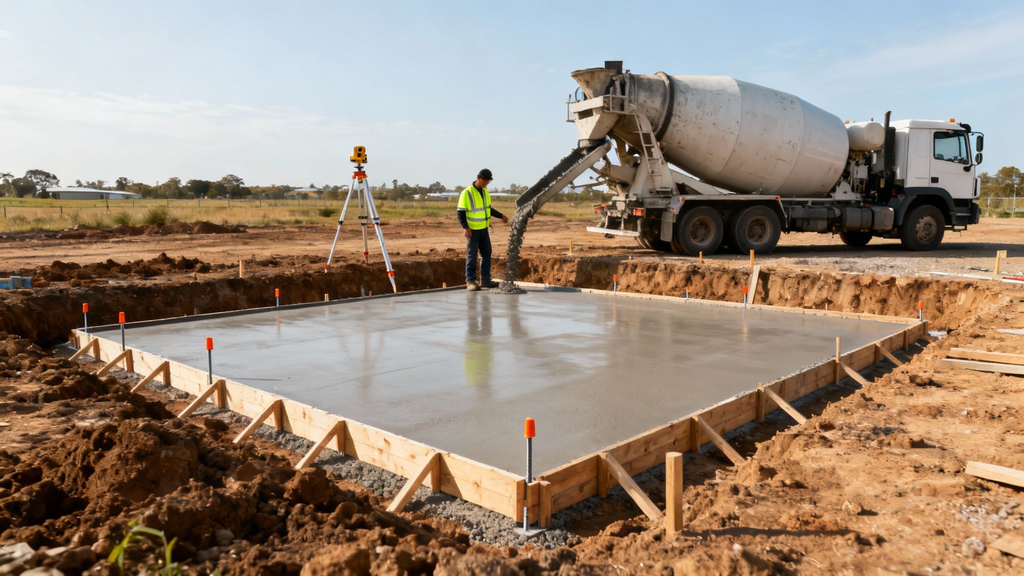 An excavator preparing the ground on a construction site for a new home foundation.