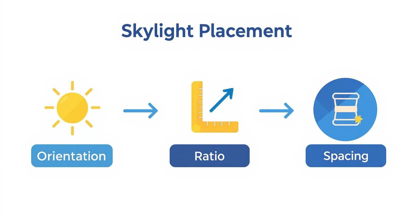 Infographic illustrating key skylight placement factors: orientation (sun), ratio (ruler), and spacing (stacked objects).