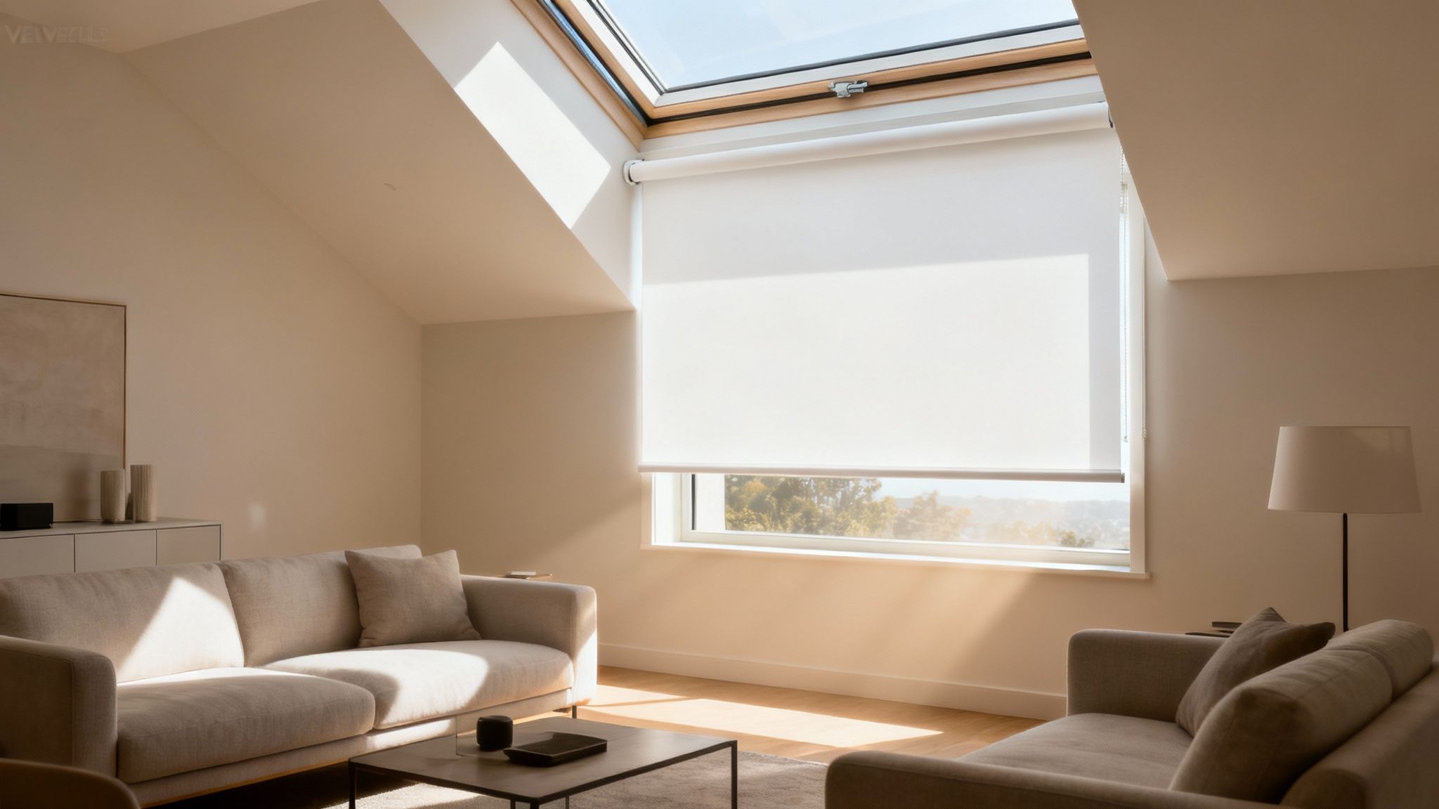 A modern living room with large Velux skylights fitted with elegant blinds, controlling the amount of sunlight entering the space.