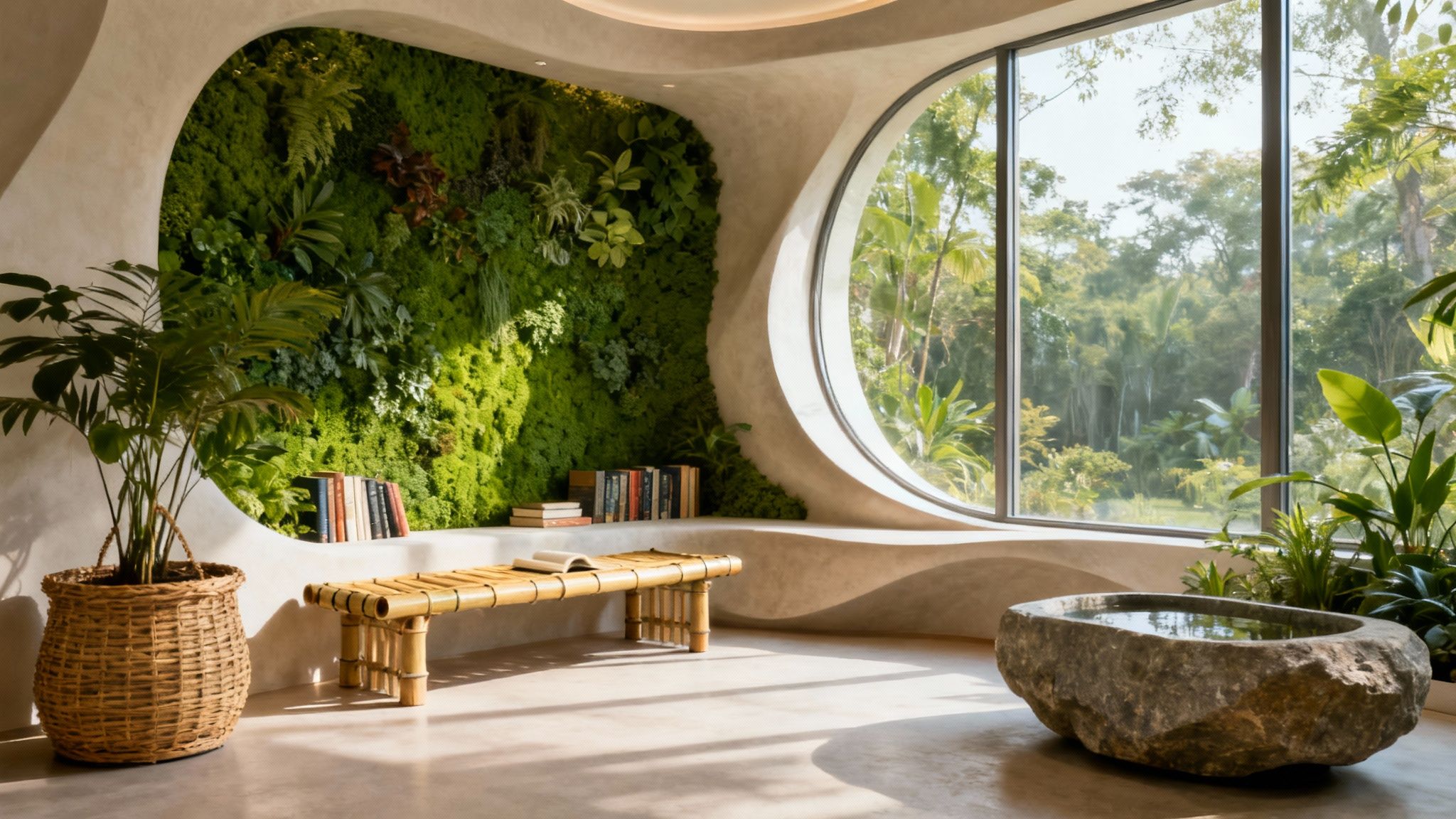 A bright living room filled with plants, natural wood furniture, and large windows, showcasing biophilic design principles.