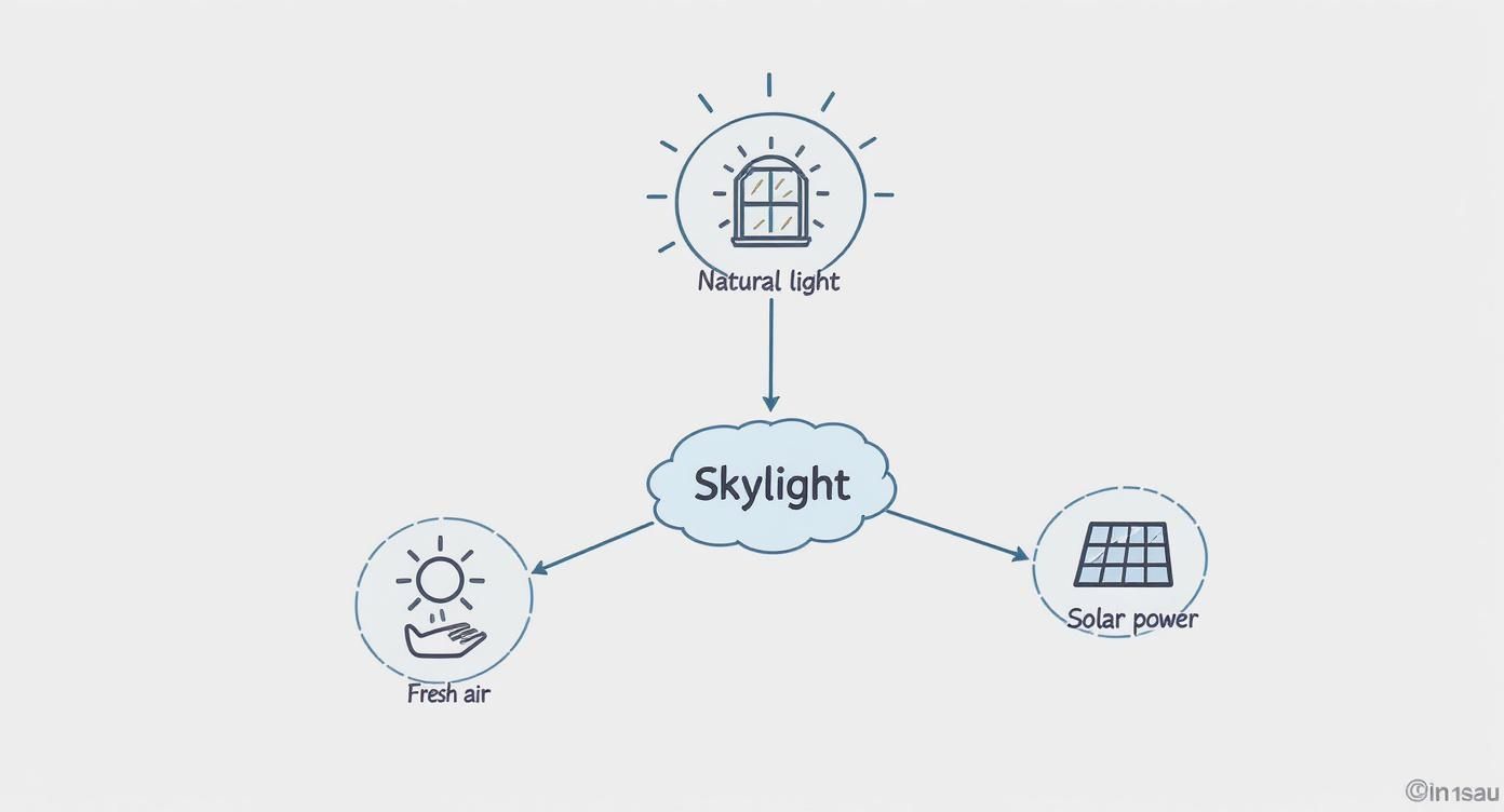 Diagram showing skylight benefits including natural light, fresh air, and solar power connections