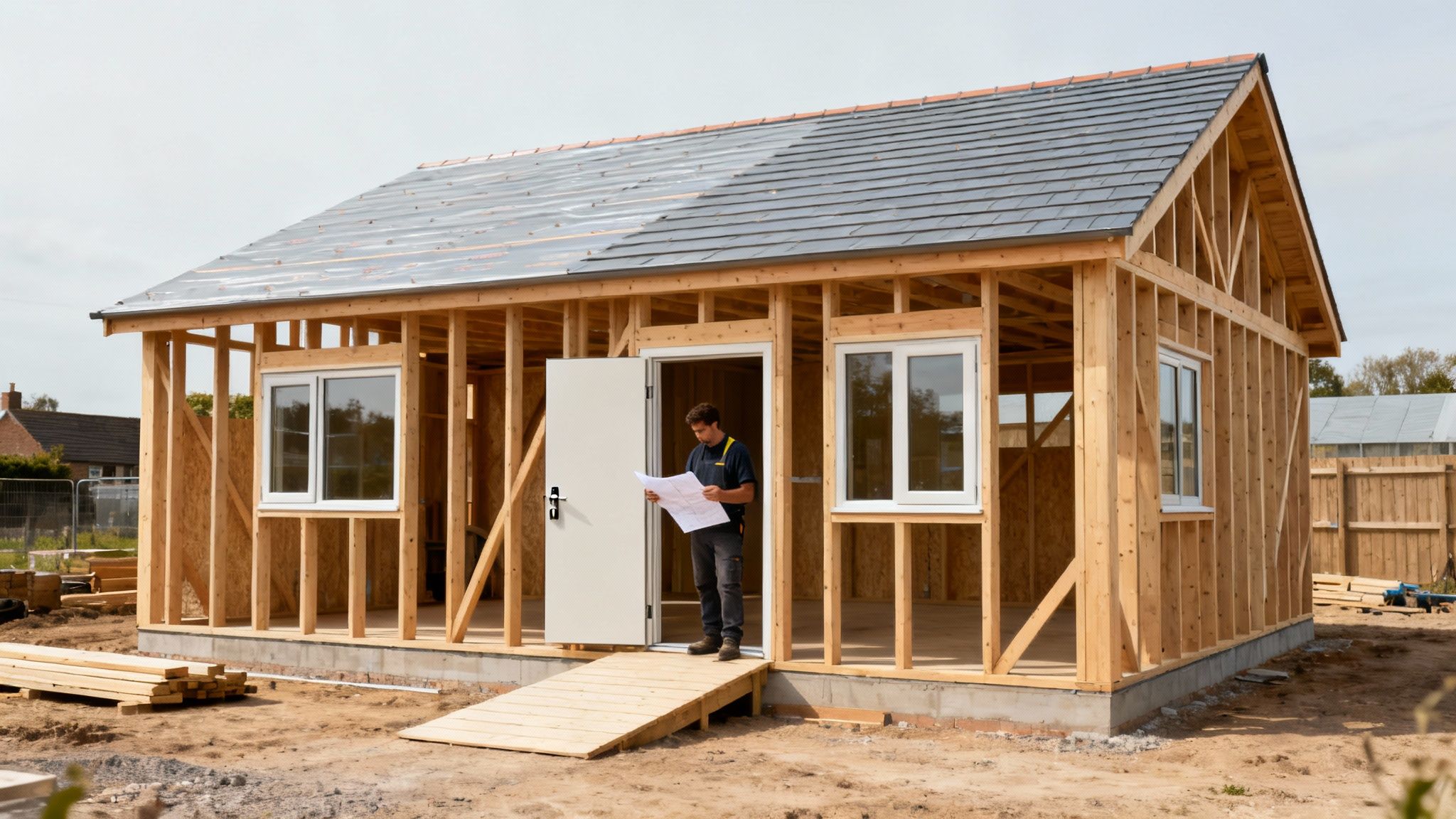 A construction crew raising the timber frame of a new luxury home.
