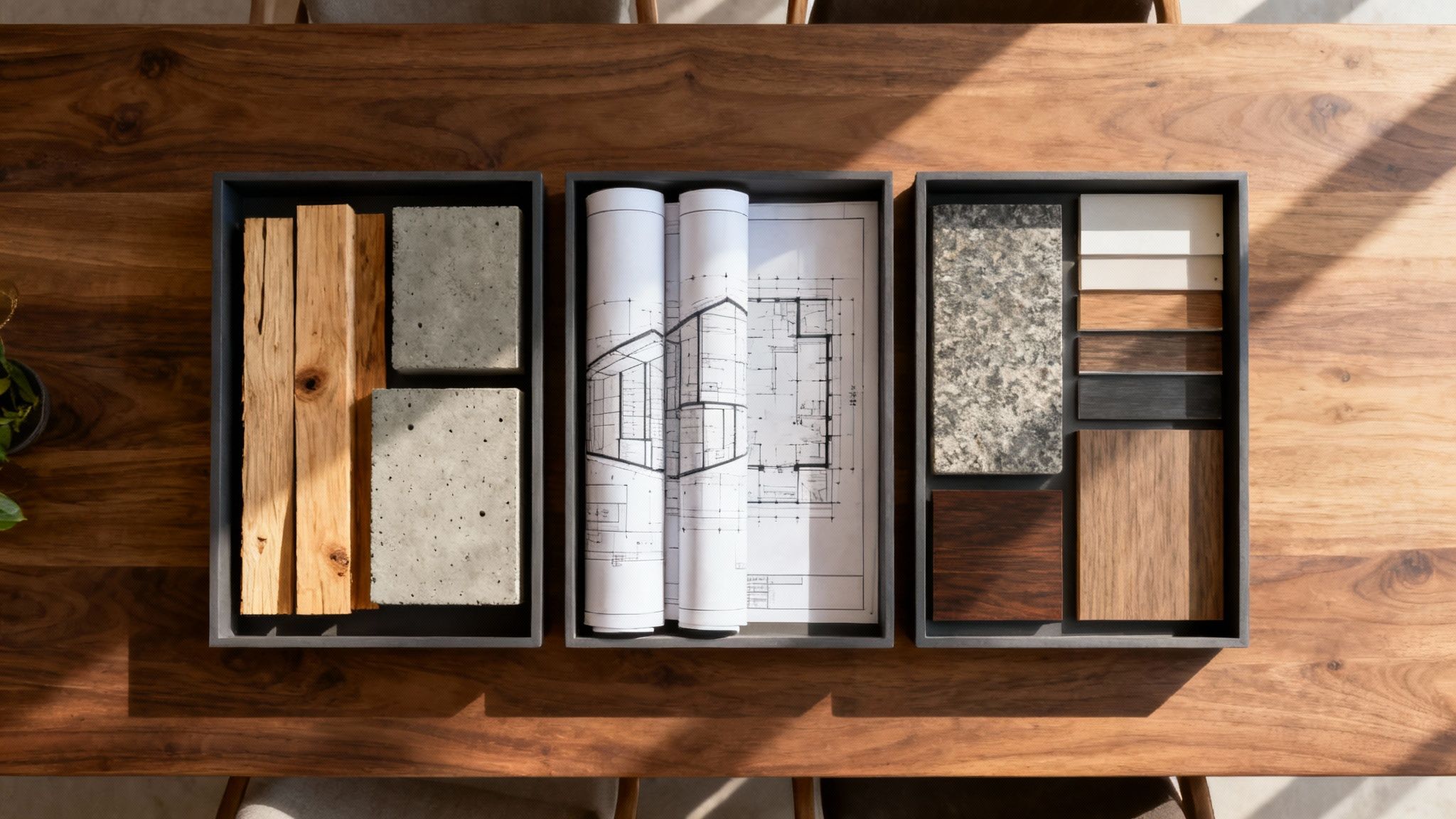 A detailed architectural plan being reviewed on a wooden table with tools.