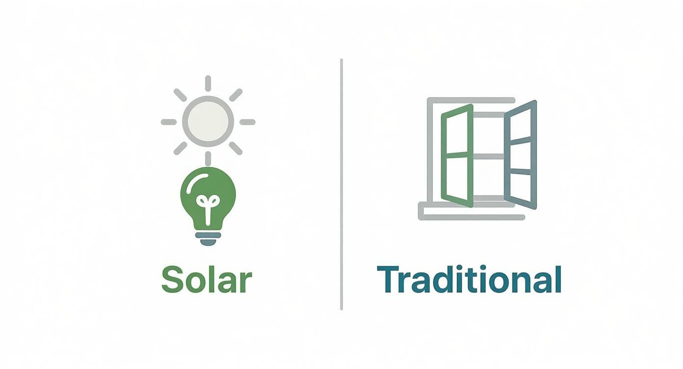 Comparison illustration showing solar energy with lightbulb and plant versus traditional window with open shutters