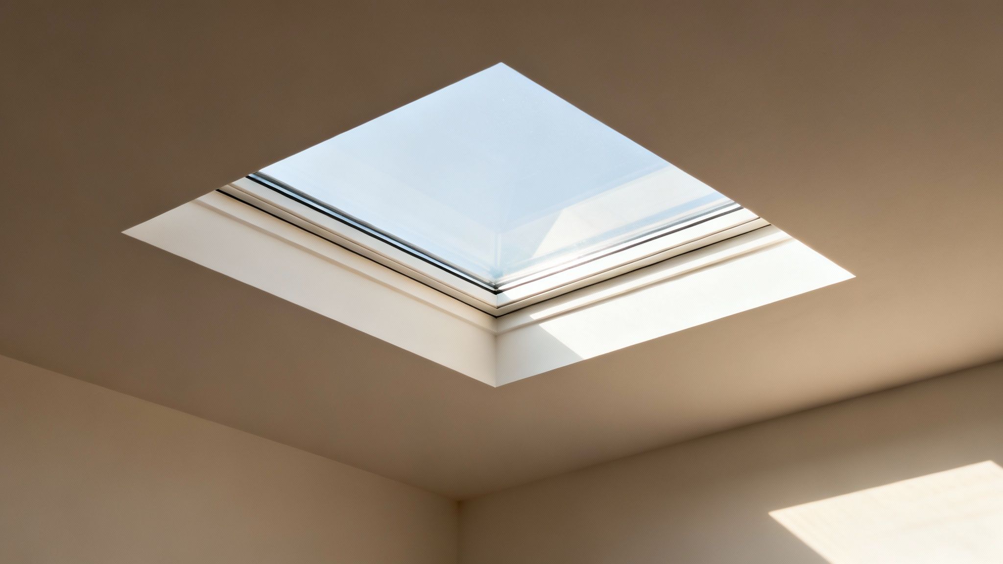 A square skylight on a ceiling provides natural light to a room, casting shadows.