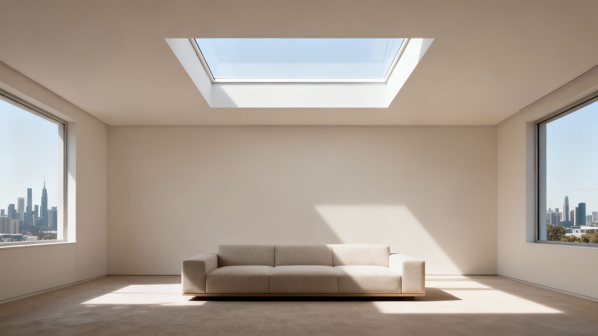 A bright minimalist living room with a skylight, large windows overlooking a city skyline, and a modern light-colored sofa.