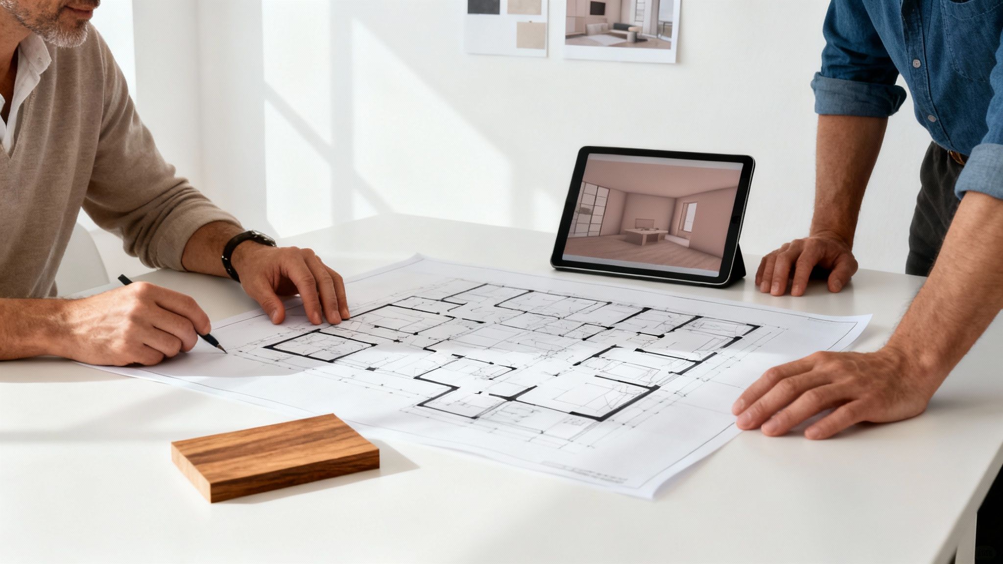 Two architects reviewing detailed floor plans with tablet showing 3D interior rendering