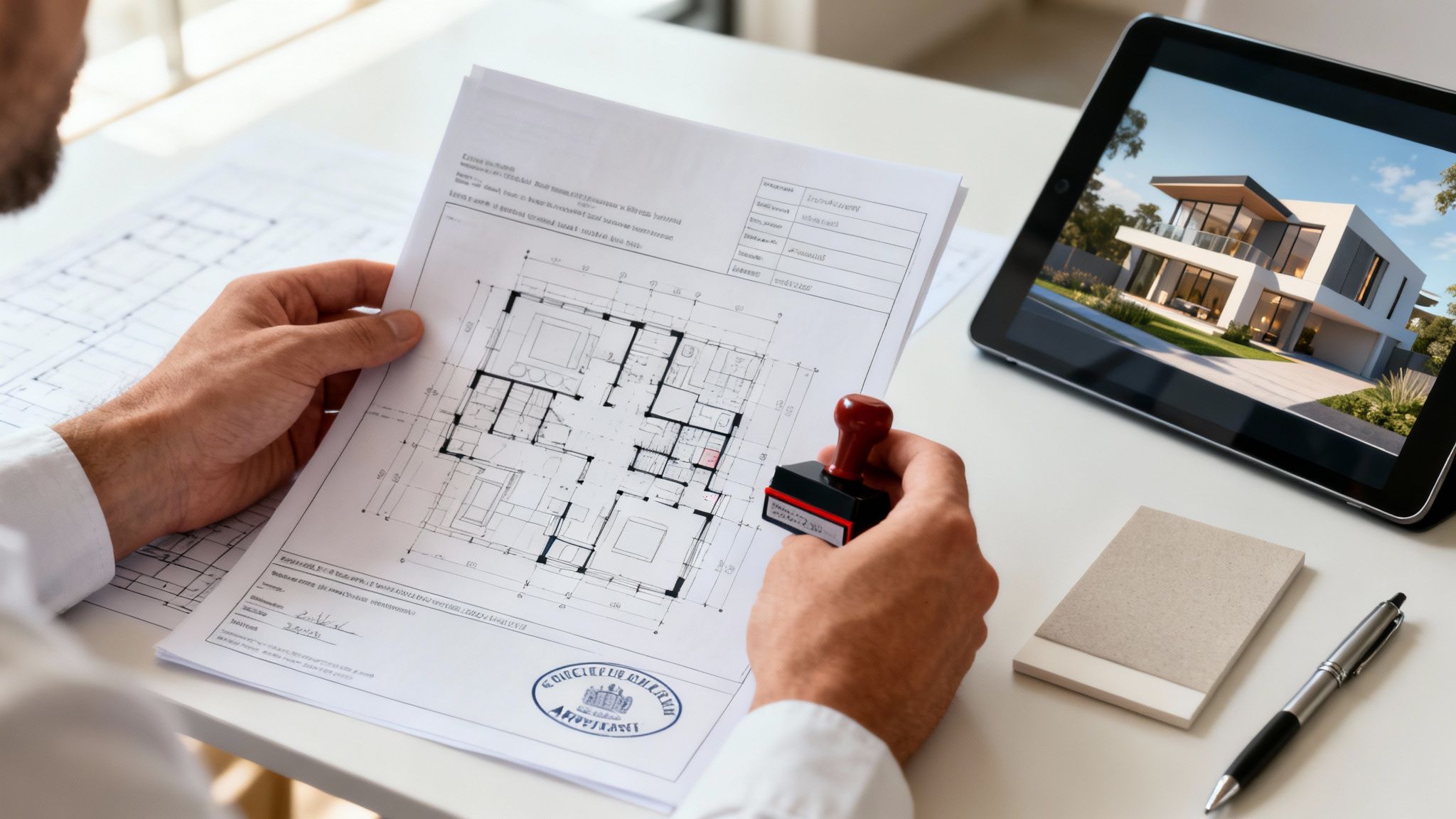 Architect holding blueprints with a stamp, reviewing a modern house design on a tablet.