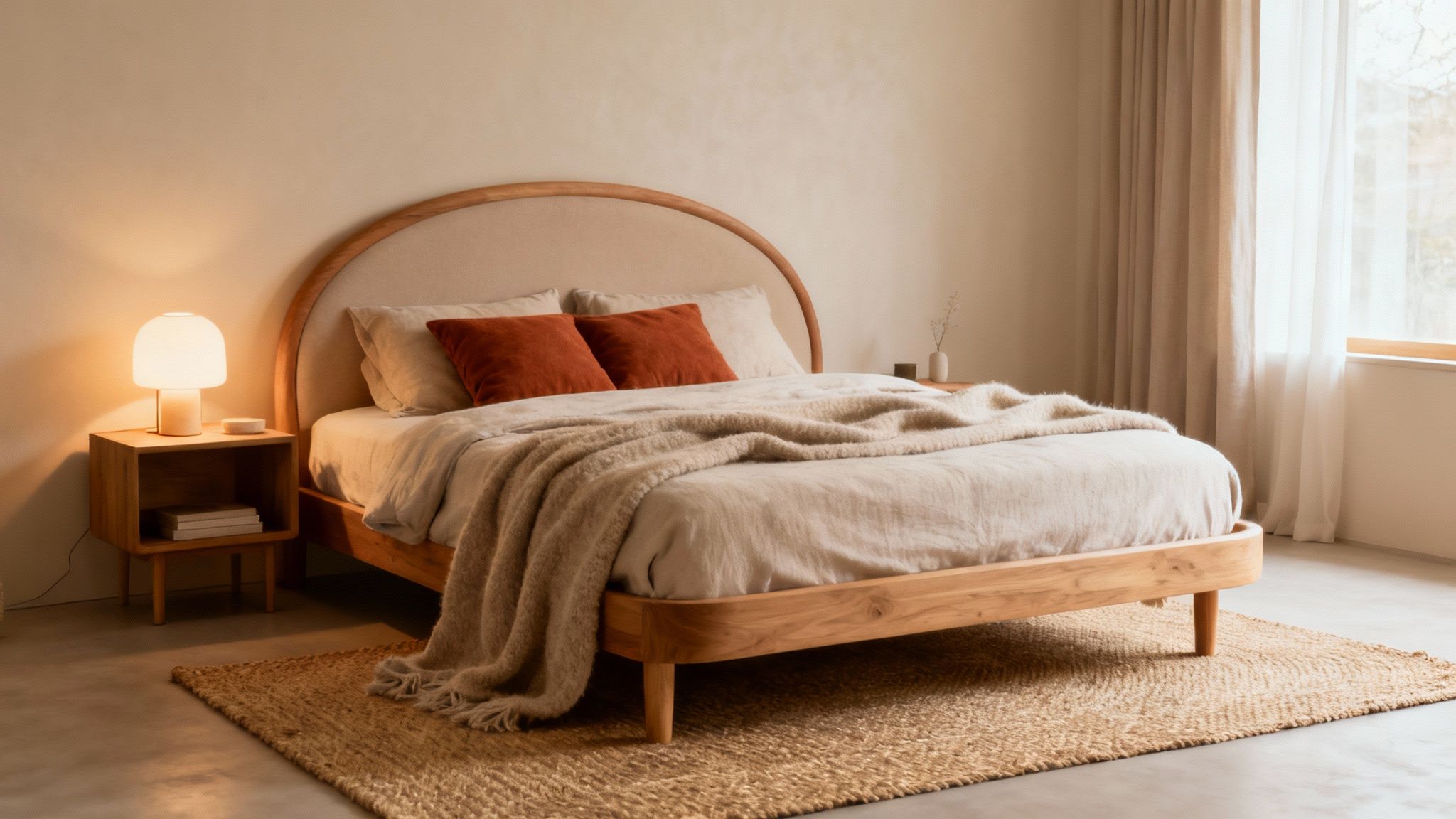 A tranquil living space demonstrating warm minimalism with soft neutral colours, curved furniture, and natural textures.