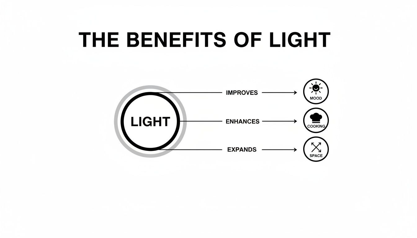 An infographic detailing the benefits of light, showing it improves mood, enhances cooking, and expands space.