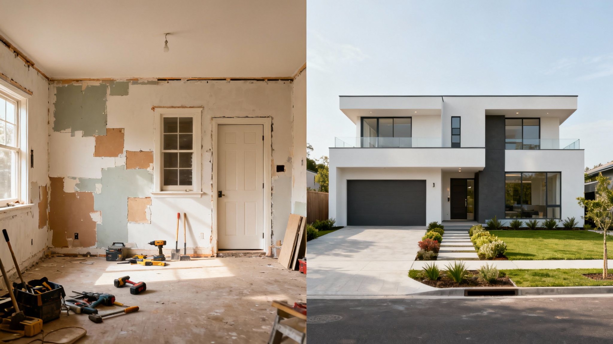 A modern architectural home is contrasted with a classic older home, visually representing the choice between a knockdown rebuild and renovation.