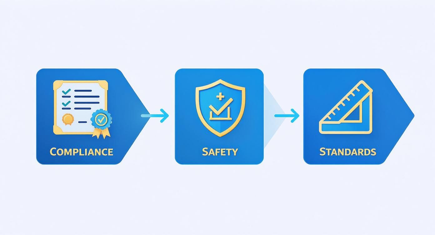 Infographic showing the process flow for building code compliance, safety standards, and quality standards for pitched roof skylights.