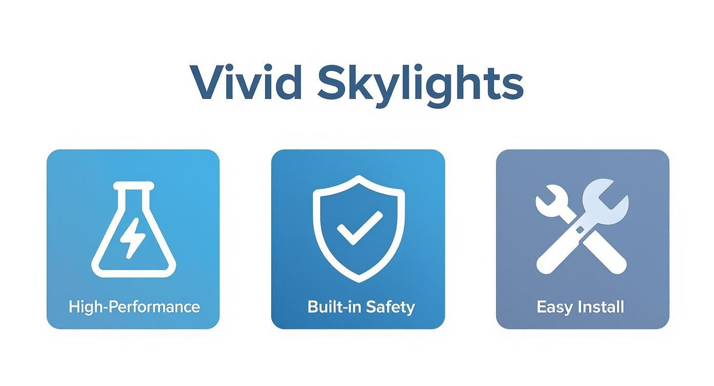 Illustration of three icons representing high-performance, built-in safety, and easy installation for Vivid Skylights.