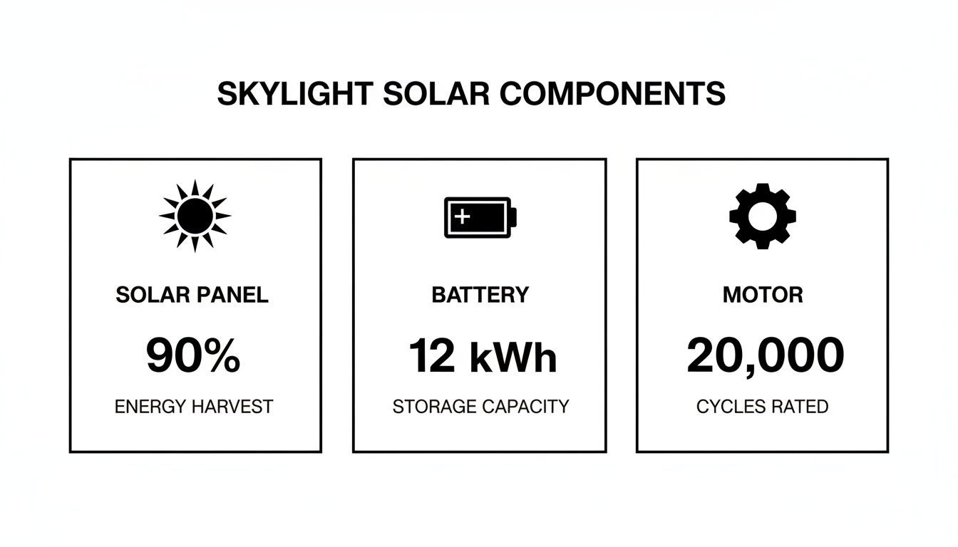 Skylight solar components infographic displaying energy harvest, battery storage capacity, and motor cycle ratings.