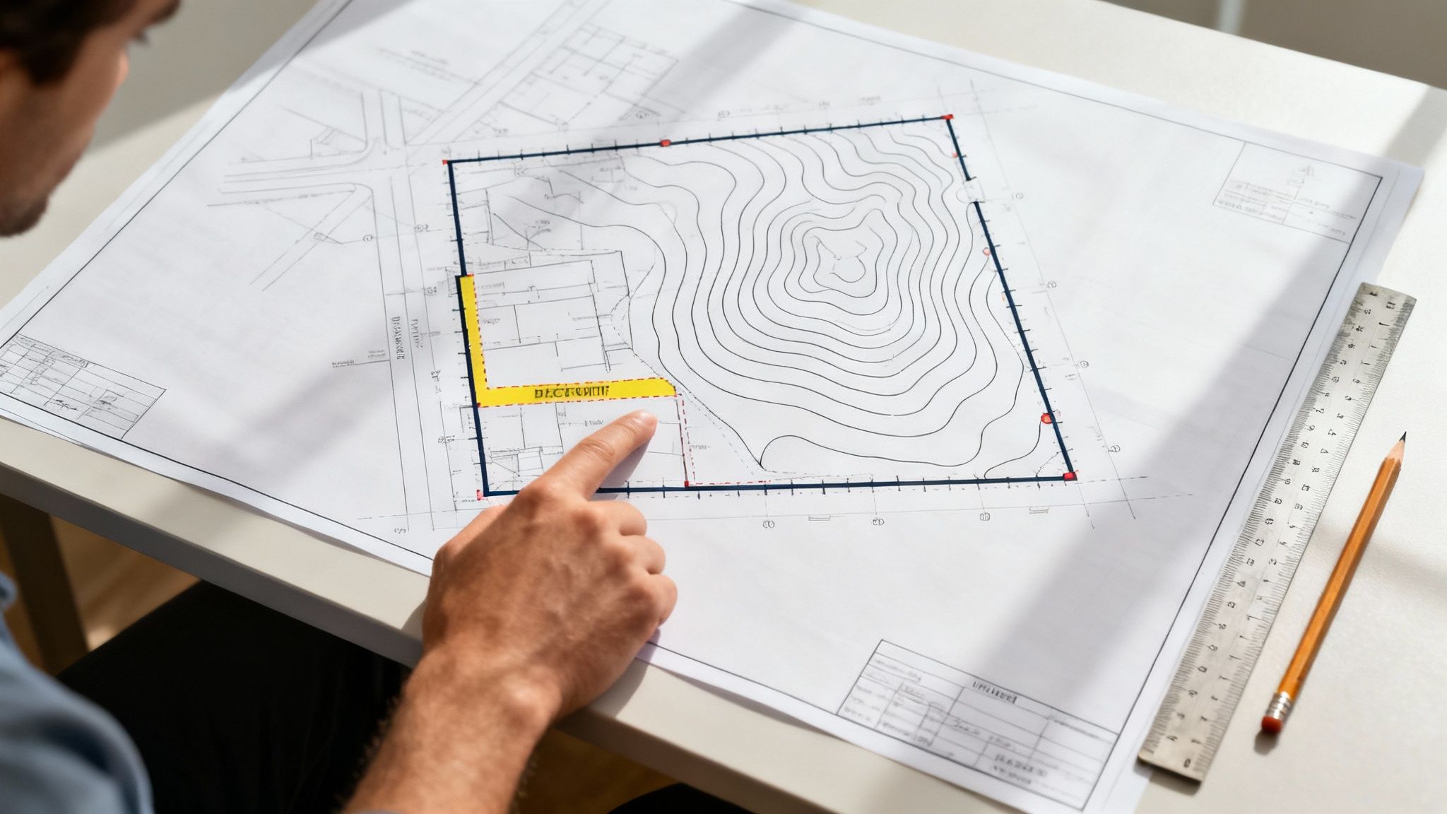 A detailed site survey plan laid out on a table with a magnifying glass over it, highlighting contour lines and boundary markers.