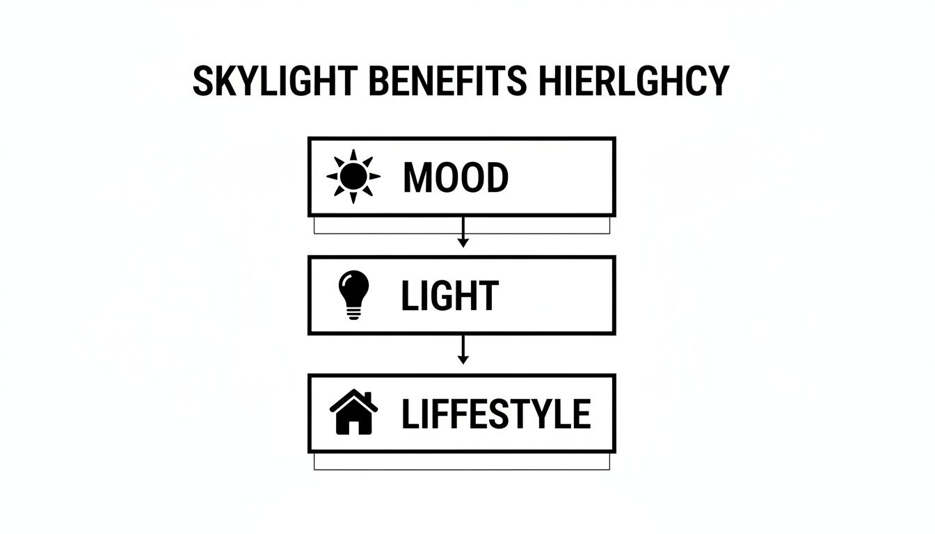 Flowchart illustrating skylight benefits, from mood (sun icon) to light (bulb icon) to lifestyle (house icon).