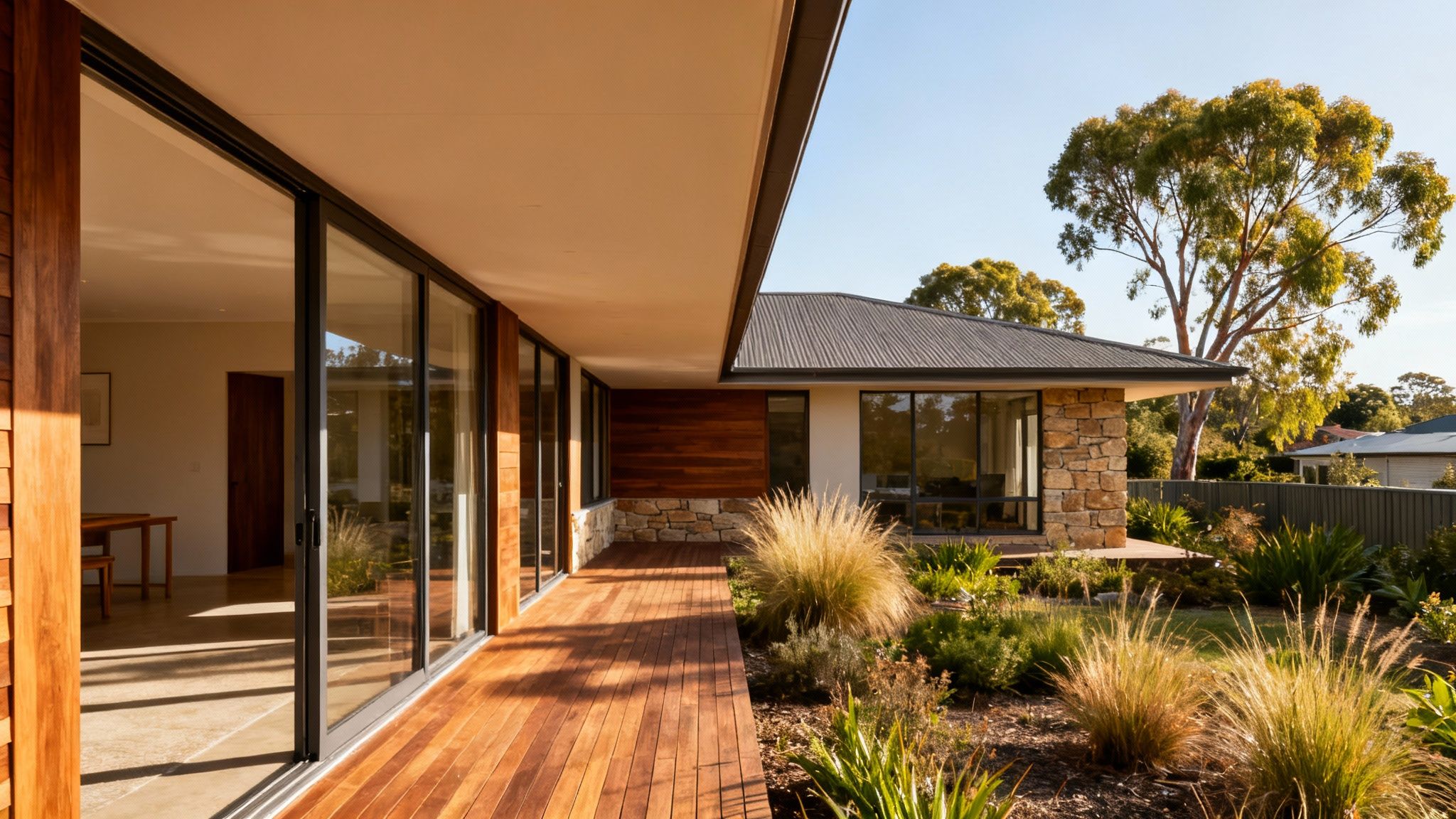 A sleek modern house with a long wooden deck, large glass doors, stone facade, and landscaped garden.