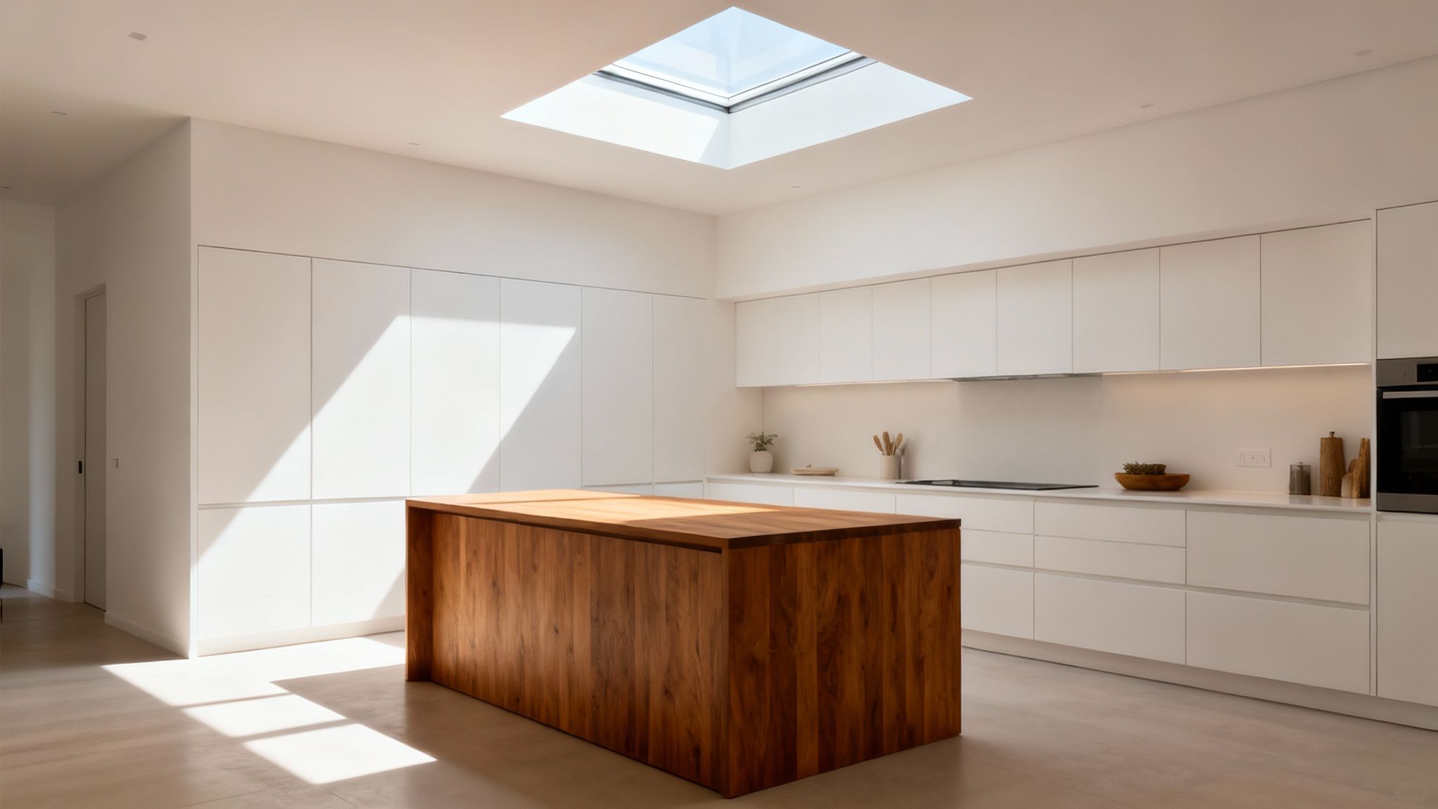 Bright, modern kitchen with a large wooden island, white cabinetry, and a natural light-filling skylight.