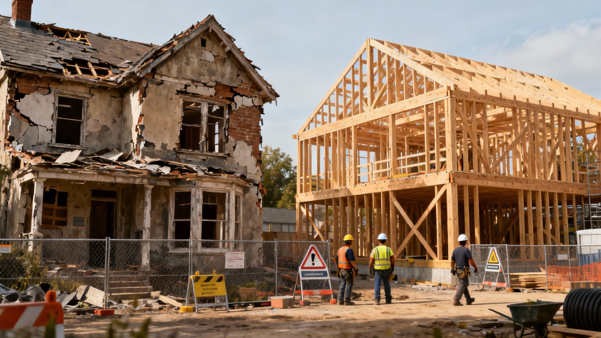 A construction site showing a new home's timber frame being erected on a concrete slab.