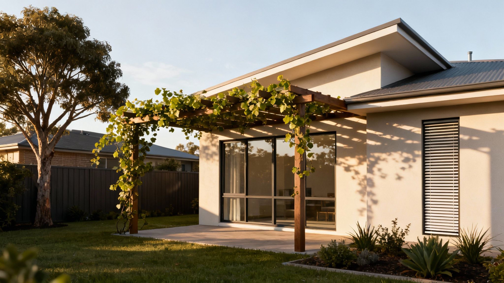 A modern home with perfectly sized eaves providing shade to the windows from the high summer sun.