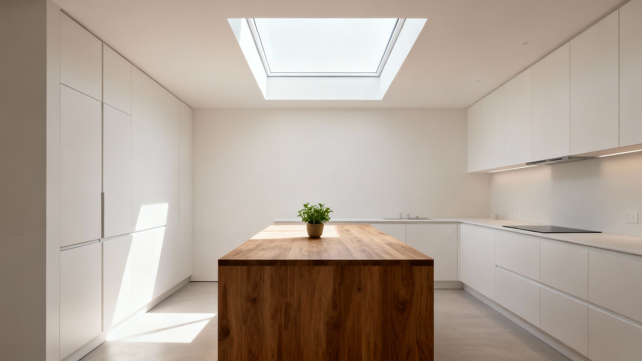 Bright, minimalist kitchen featuring white cabinetry, a large wooden island, and an overhead skylight.