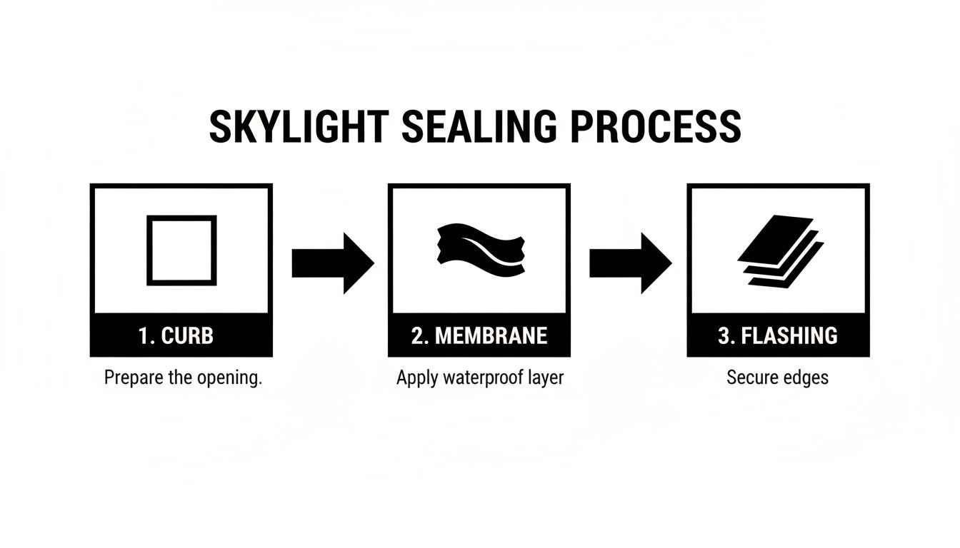 Diagram illustrating the three-step skylight sealing process: curb, membrane, and flashing for waterproofing.