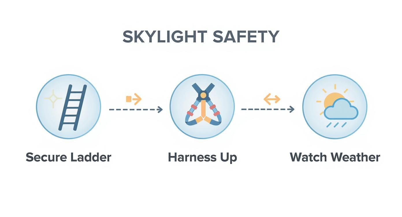 Infographic detailing the process flow for skylight safety, showing steps to secure a ladder, use a safety harness, and check the weather.