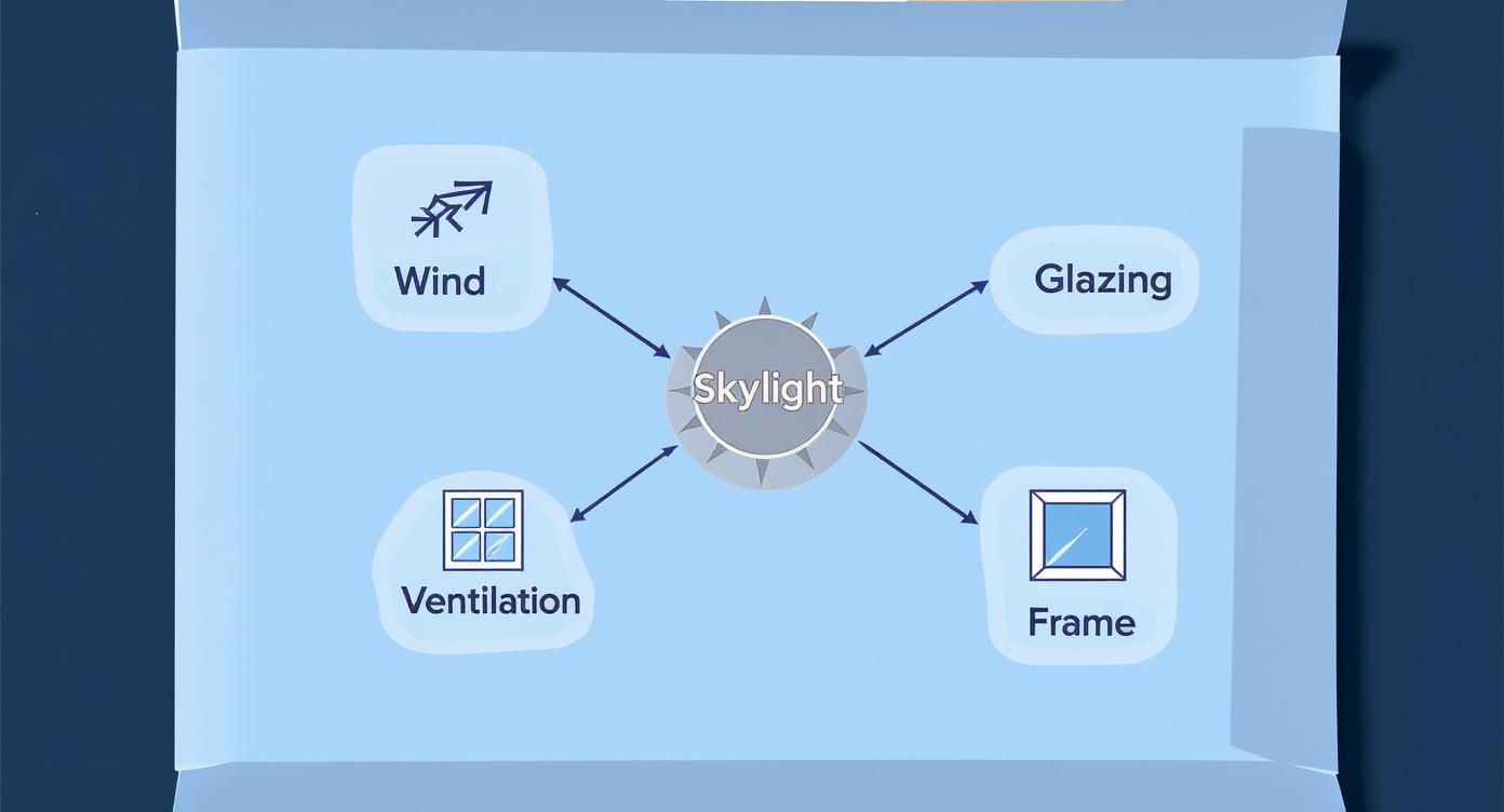 Diagram illustrating a skylight and its influencing factors: wind, glazing, ventilation, and frame.