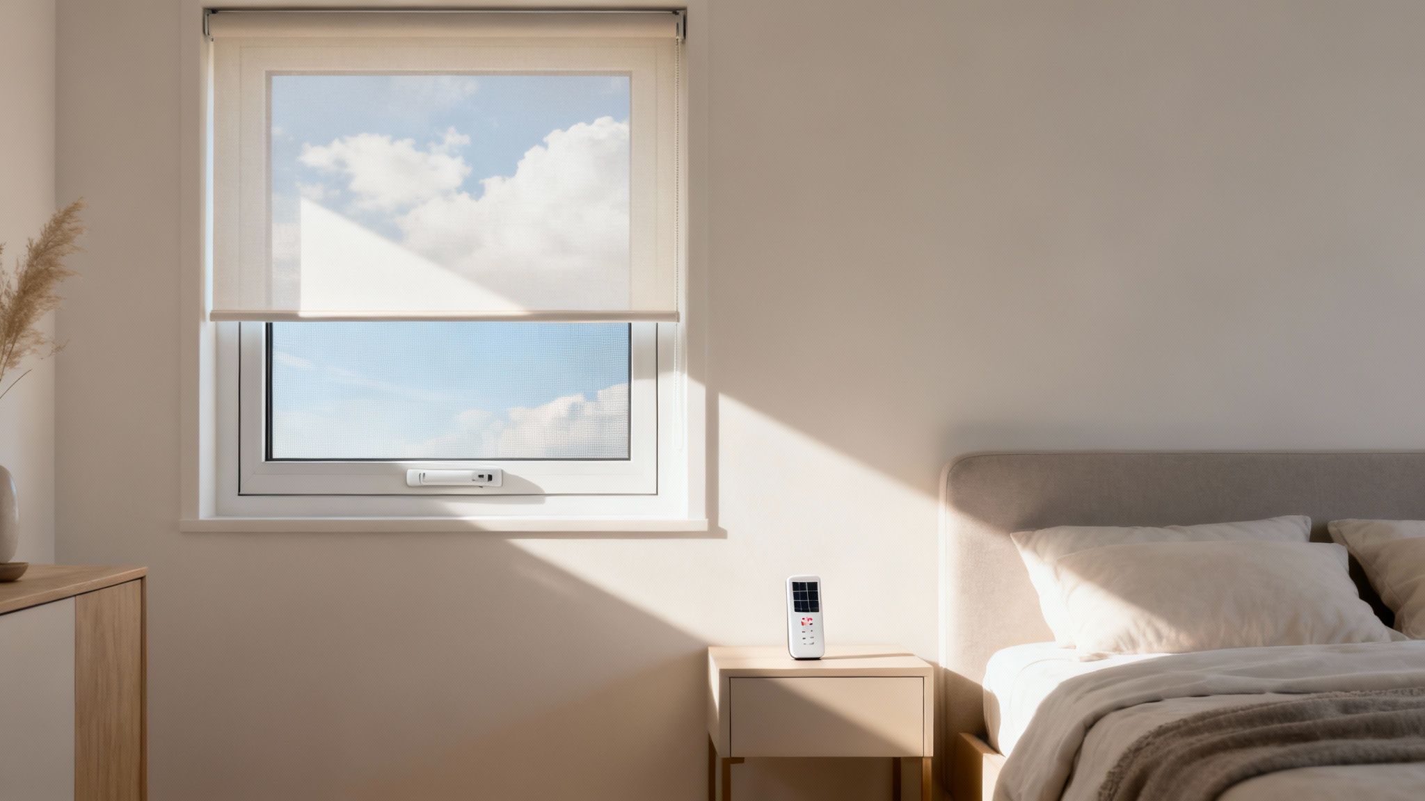 Bright bedroom with a window showing blue sky, featuring a modern bed and smart home remote.