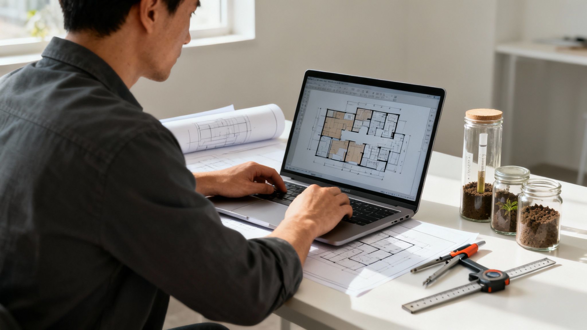 An architect reviewing detailed blueprints on a large wooden table, with drafting tools and a laptop nearby.