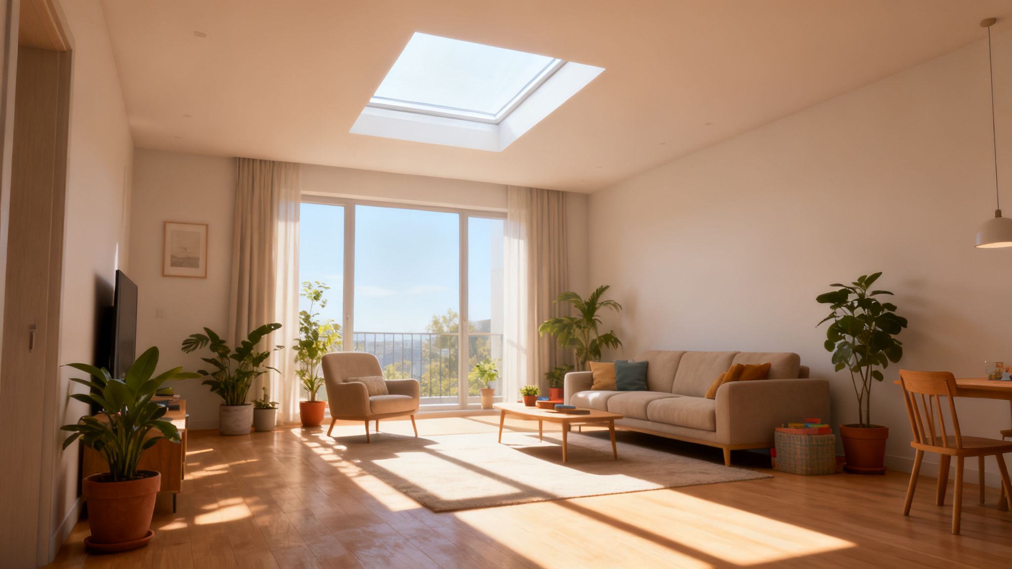 A bright, modern living room with a large skylight, beige sofa, and numerous potted plants.