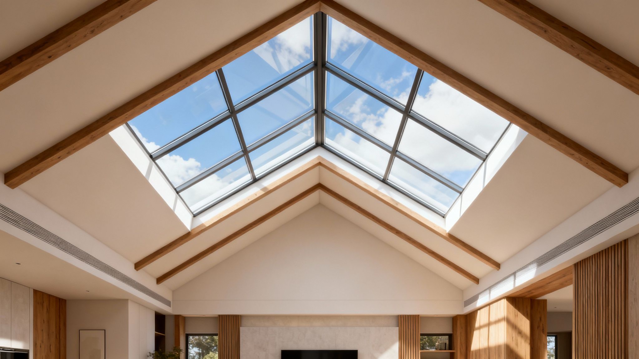 A spacious modern room with a large glass skylight in a vaulted ceiling, showing blue sky and clouds, flanked by wooden beams.