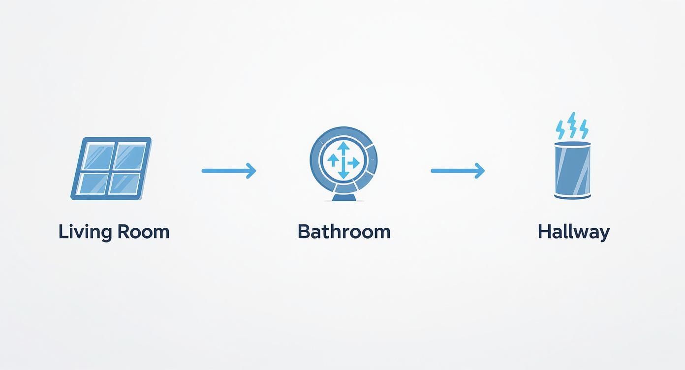 Diagram showing a living room window, connected to a bathroom device, then to a hallway fixture.