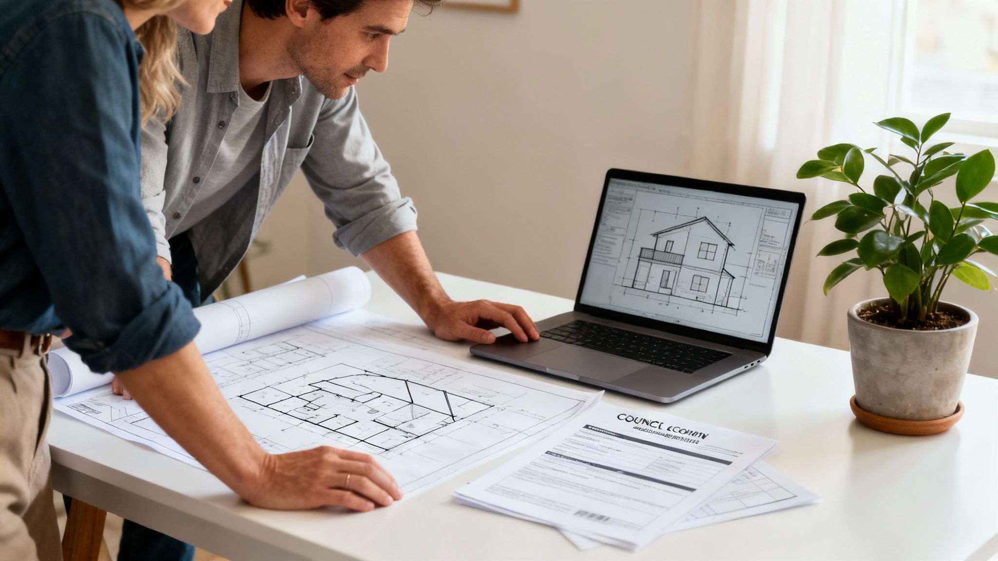 Architectural plans for a new home spread out on a wooden desk.