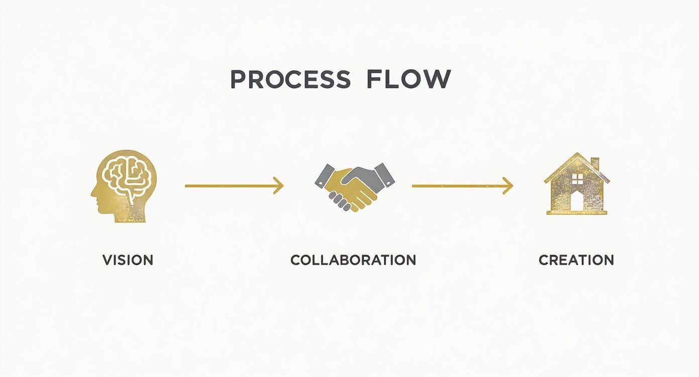 A process flow diagram illustrating vision, collaboration, and creation with icons and arrows.