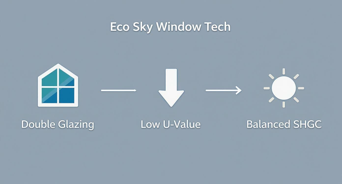 Diagram illustrating Eco Sky Window Tech, showing double glazing leading to low U-value and balanced SHGC.