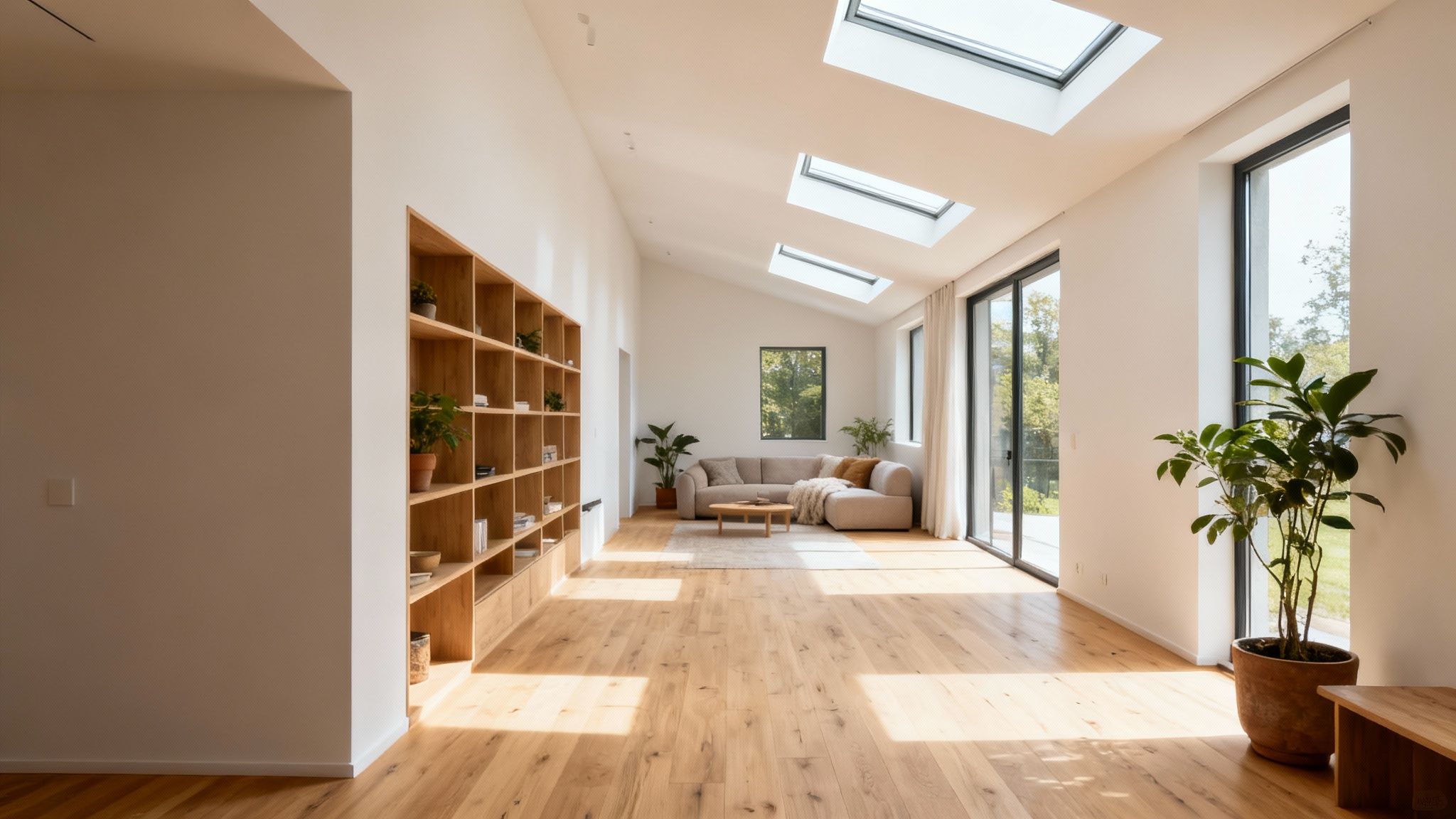 A stylishly designed living space that was once a garage, featuring large windows and comfortable, modern furniture.