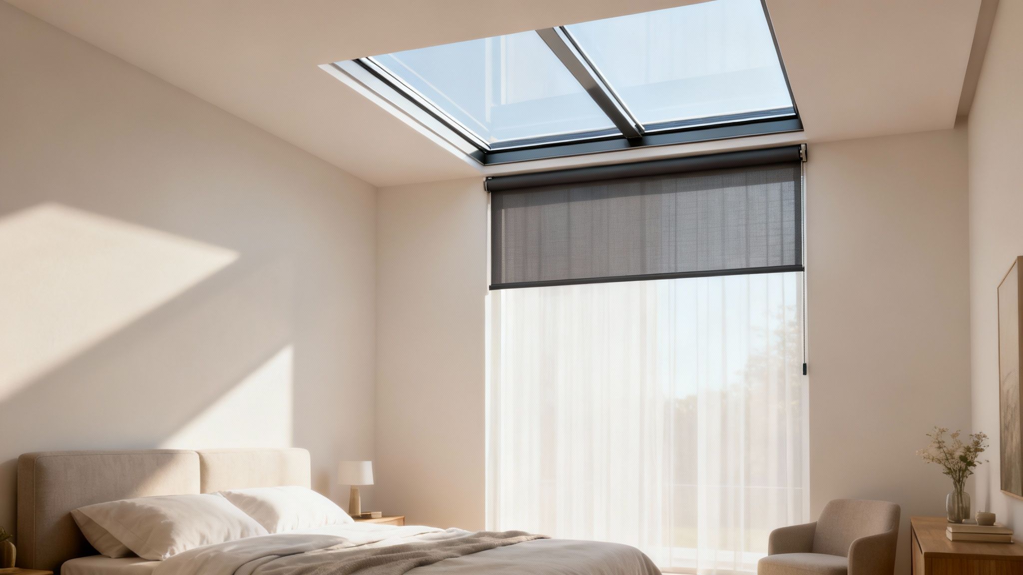 Modern bedroom interior with a large skylight and a window featuring a dark roller blind.