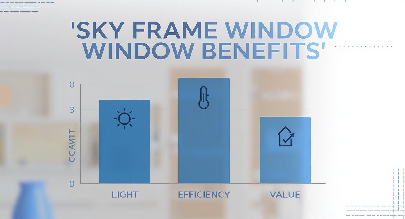 Bar chart titled 'Sky Frame Window Benefits' illustrating high efficiency, light, and value.