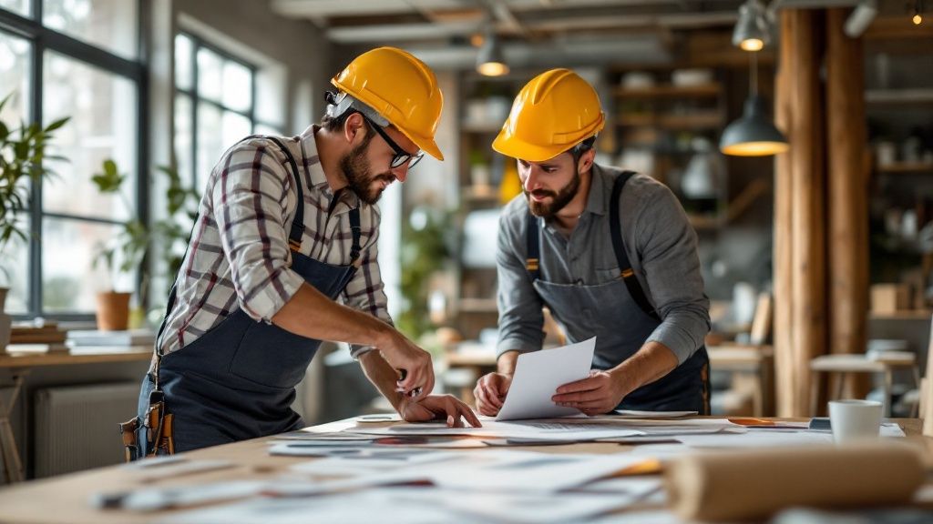 An experienced builder reviewing architectural plans in a modern office
