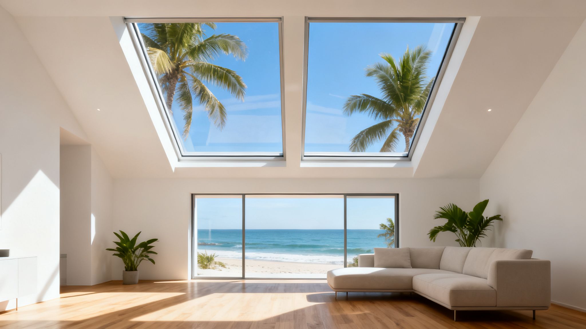 A bright, modern living room featuring skylights with palm trees and large windows overlooking a beach.