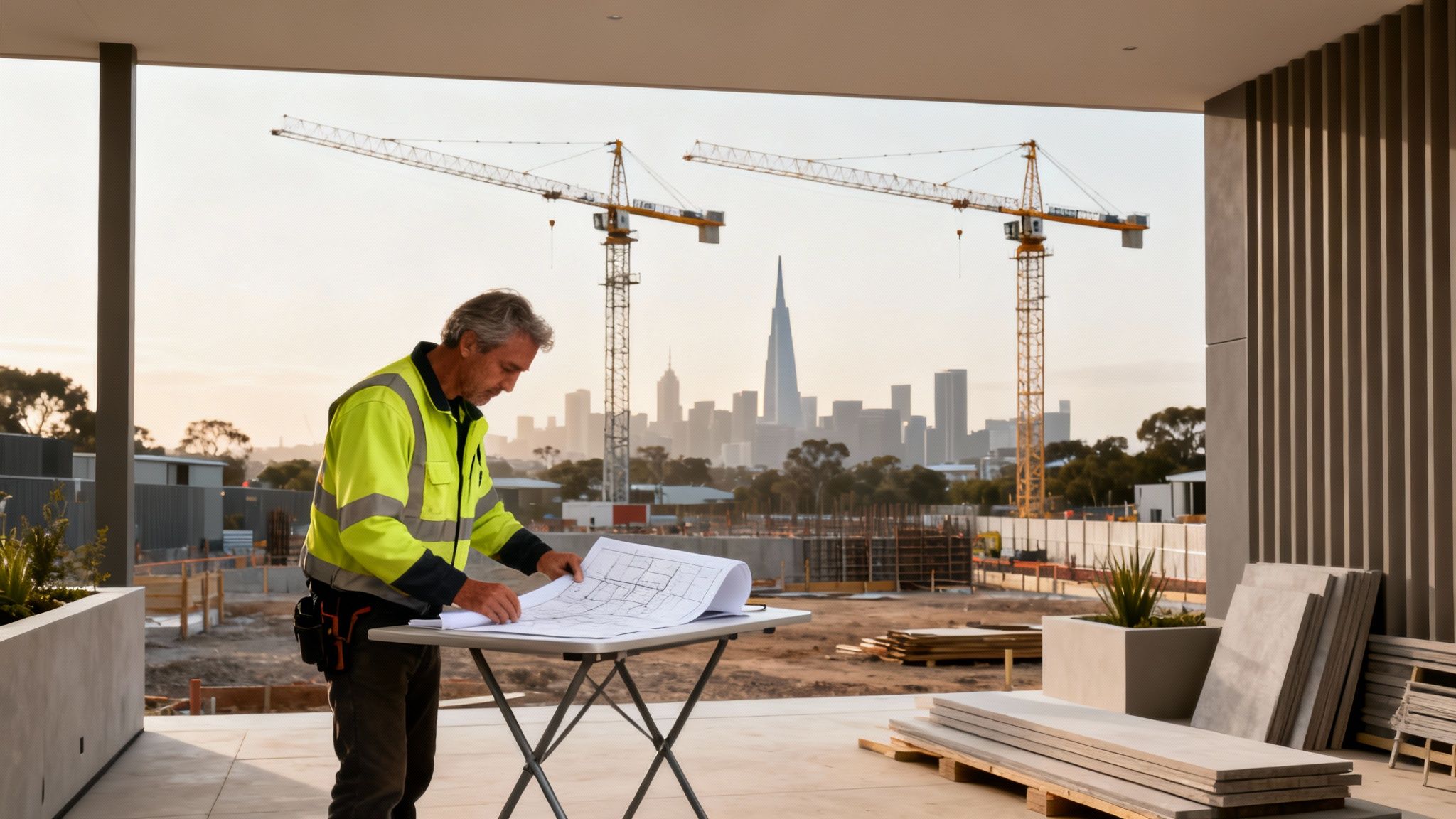 A construction worker reviews blueprints on a balcony overlooking a city skyline and construction site.