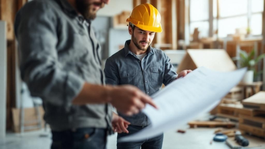 Architect and builder collaborating over blueprints on a construction site