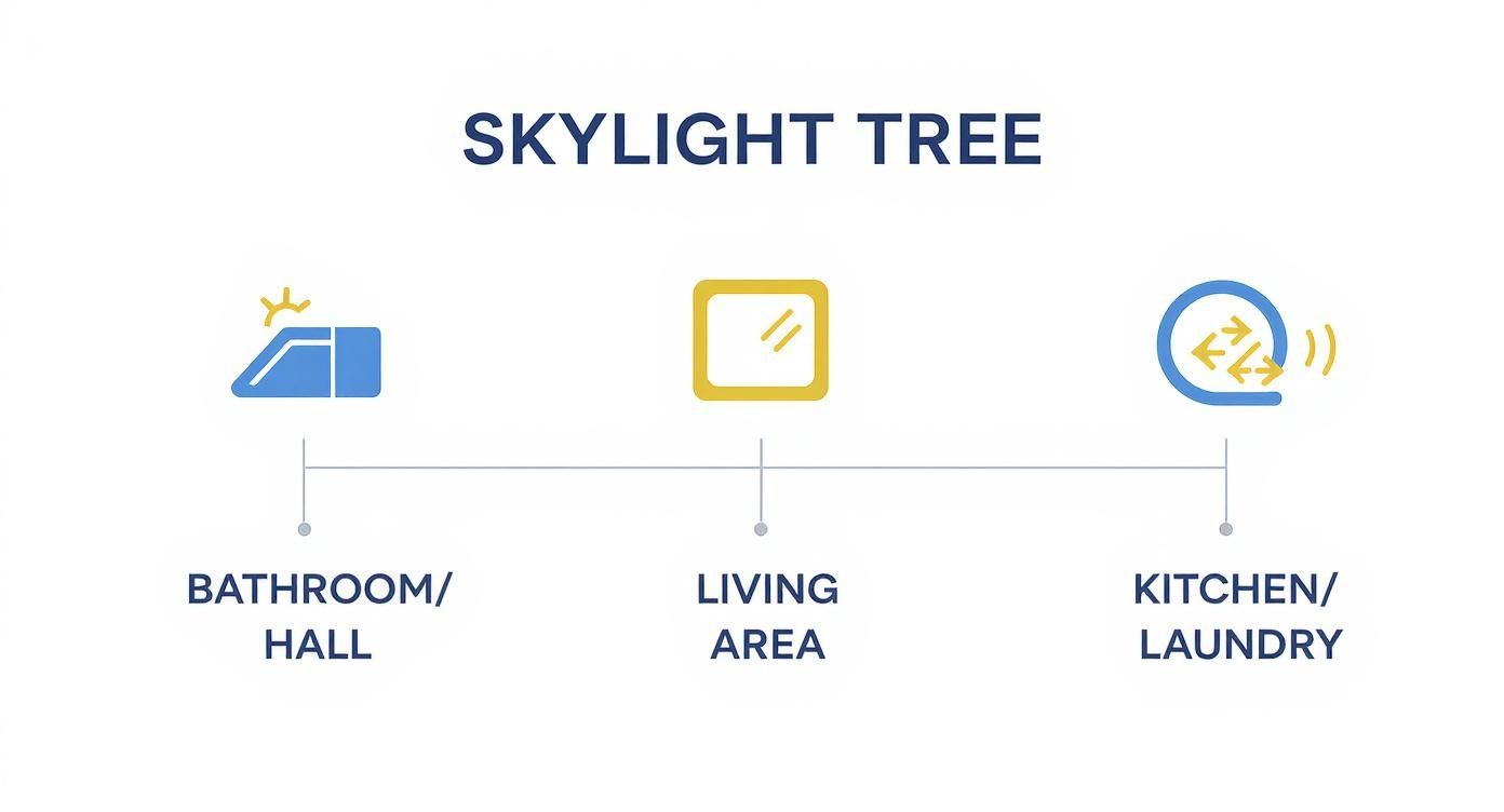 Diagram showing skylight tree placement options for bathroom hall, living area, and kitchen laundry rooms
