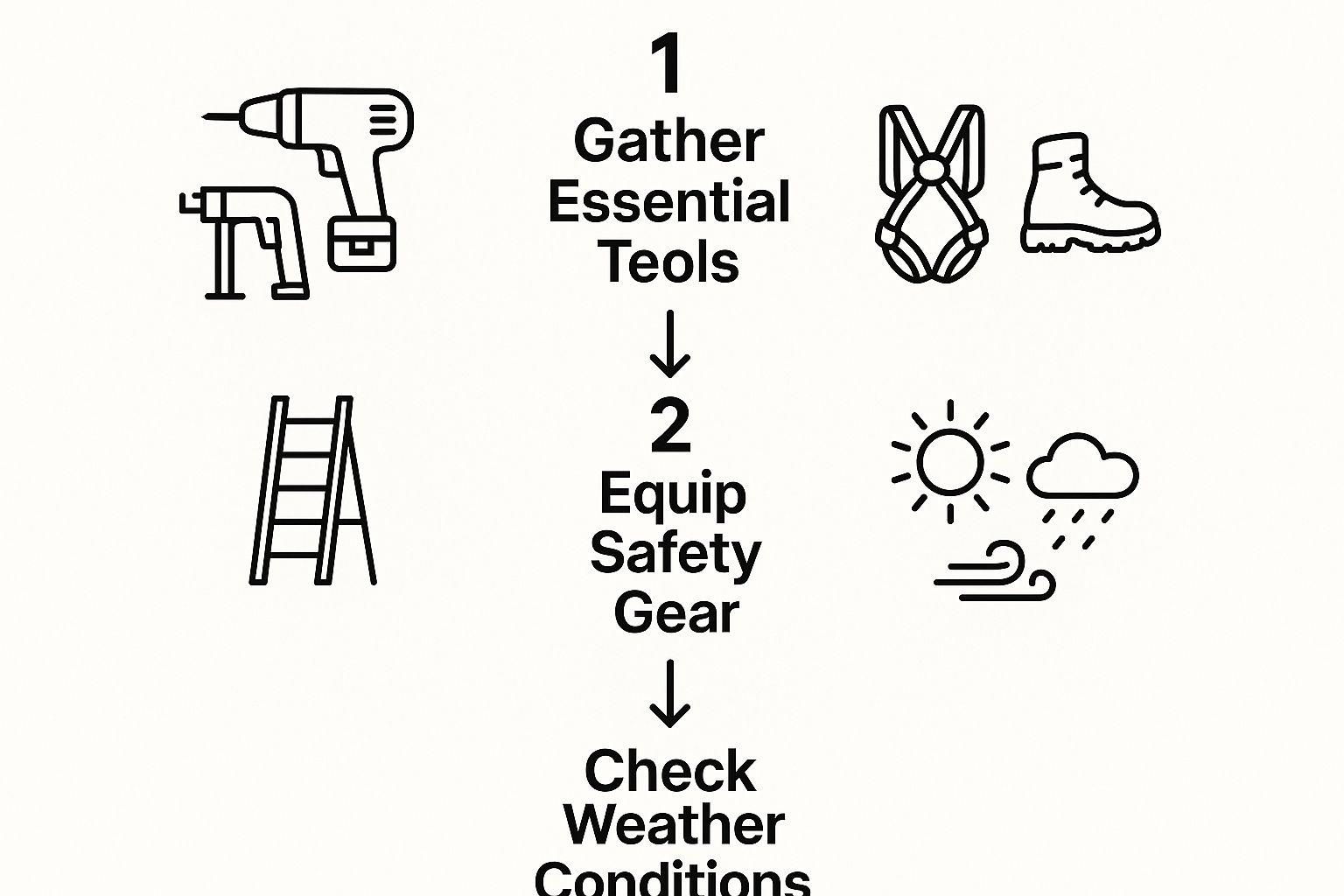 An infographic showing the three-step process for preparing for a roof ventilator installation, including gathering tools, equipping safety gear, and checking weather conditions.