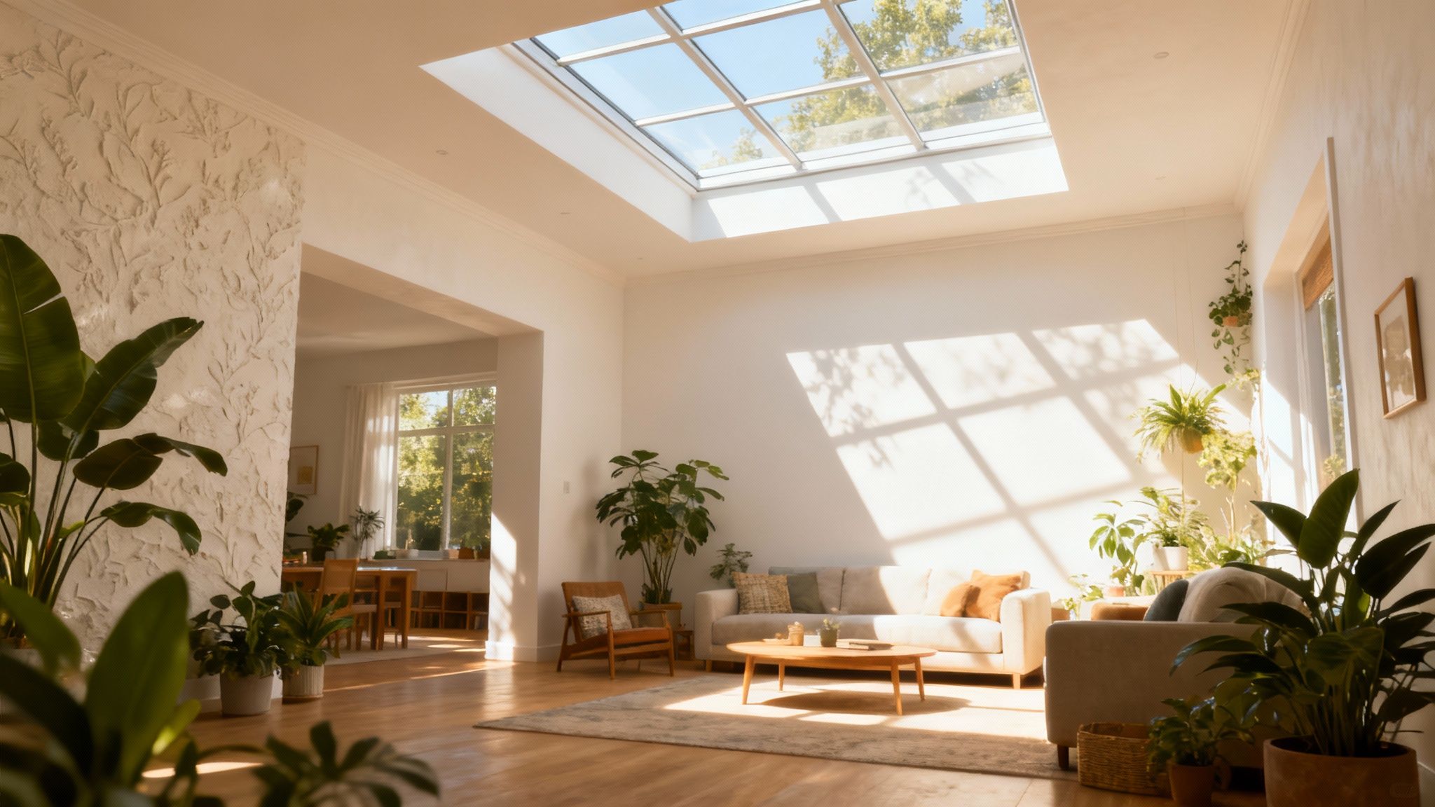 A bright, sunlit living room with a large skylight in the ceiling