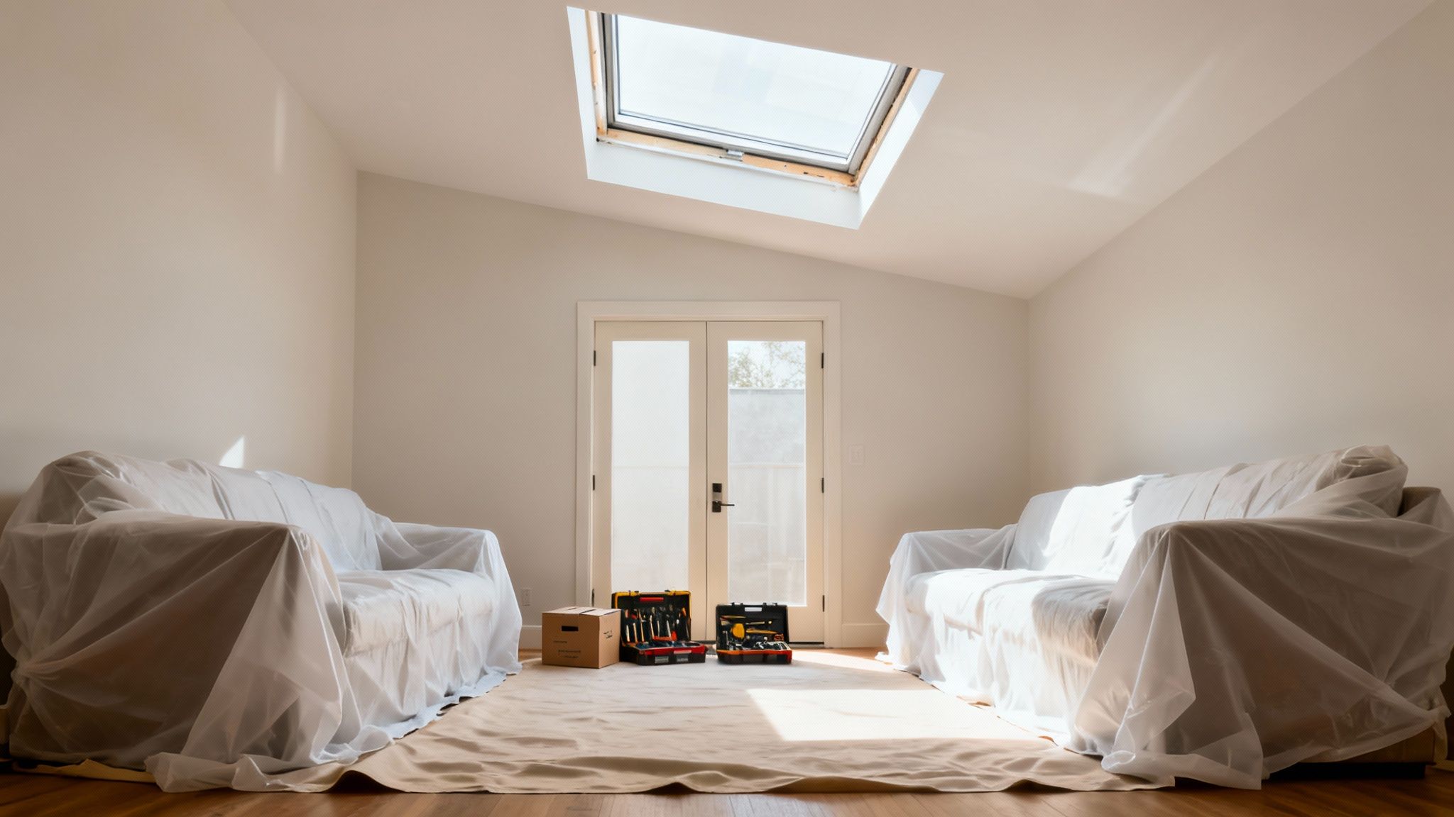 A room under renovation with a skylight, two plastic-covered sofas, and tools on the floor.