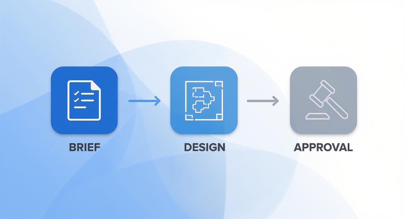 Three-stage workflow diagram showing brief, design, and approval process for luxury home construction projects
