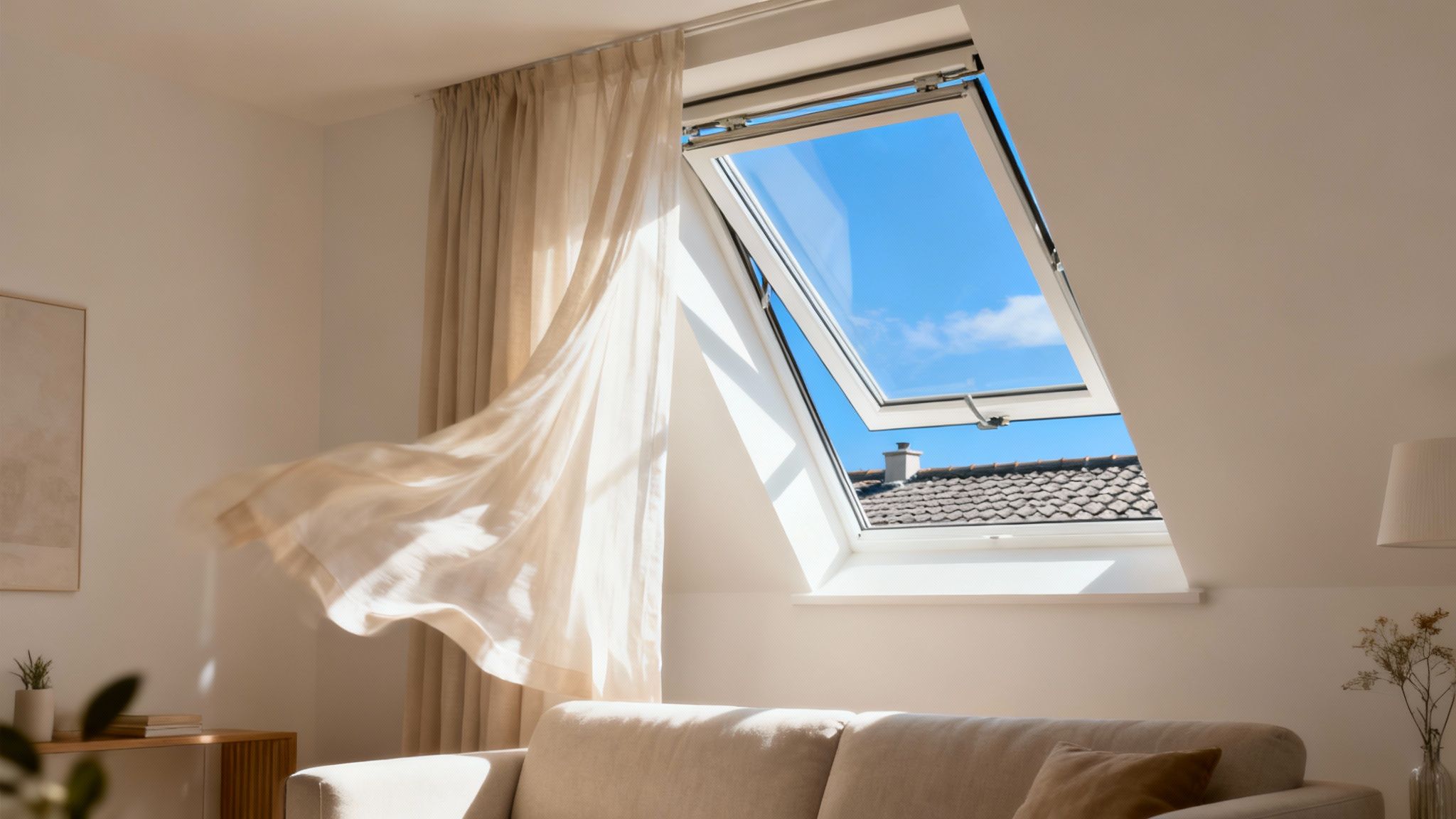 An open skylight in a modern living room ceiling, letting in sunlight and air