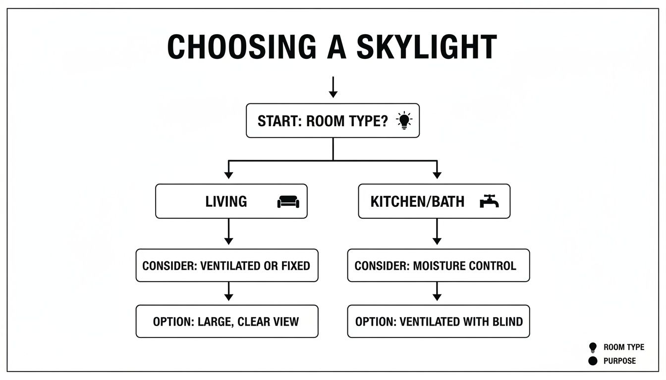 A flowchart guiding the selection of skylights based on room type (living, kitchen/bath) and desired features.